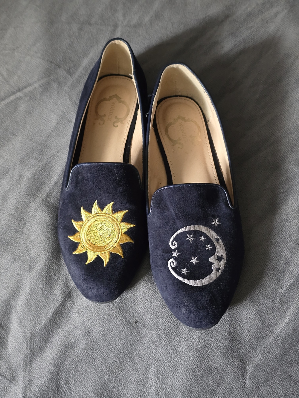 C. Wonder Celestial Sun & Moon Embroidered Smoking Flats Navy Blue - Size 6